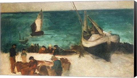 Framed Seascape at Berck, Fishing Boats and Fishermen, 1872-73 Print