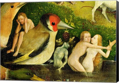 Framed Garden of Earthly Delights: Allegory of Luxury, central panel of triptych, detail of couple in the water and a bird, c.1500 Print