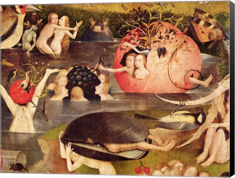 Framed Garden of Earthly Delights: Allegory of Luxury, horizontal detail of the central panel, c.1500 Print