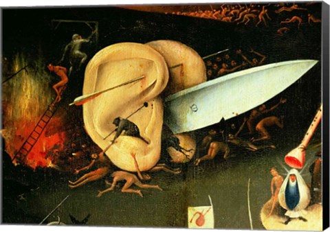 Framed Garden of Earthly Delights: Hell, right wing of triptych, detail of ears with a knife, c.1500 Print