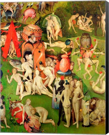 Framed Garden of Earthly Delights: Allegory of Luxury, vertical central panel of triptych, c.1500 Print