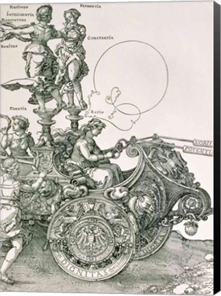 Framed Design for &#39;The Great Triumphal Chariot of Emperor Maximilian I&#39;: detail showing the Virtues steering the team of horses Print