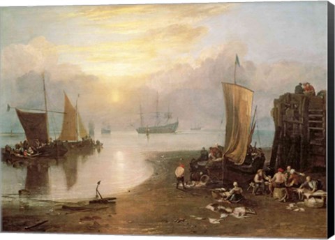 Framed Sun Rising Through Vapour: Fishermen Cleaning and Selling Fish, c.1807 Print