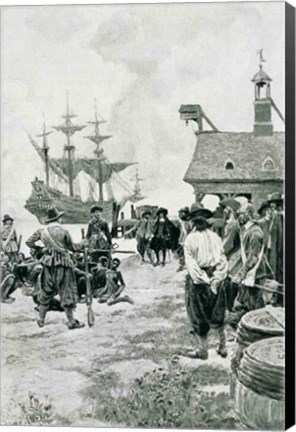 Framed Landing at Jamestown from a Dutch Man-of-War Print