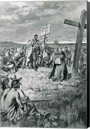 Framed Jacques Cartier Setting up a Cross at Gaspe Print