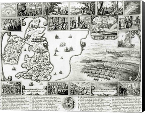 Framed Map of Civil War England and a view of Prague, 1632 Print