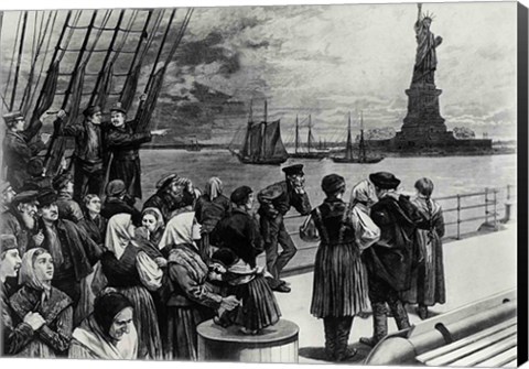 Framed New York - Welcome to the land of freedom - An ocean steamer passing the Statue of Liberty Print