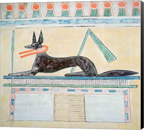 Framed Anubis, Egyptian god of the dead, lying on top of a sarcophagus Print