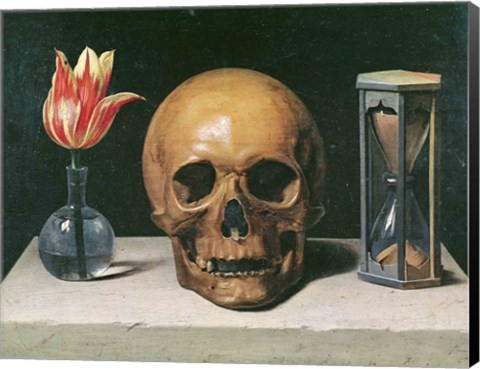 Framed Vanitas Still Life with a Tulip, Skull and Hour-Glass Print