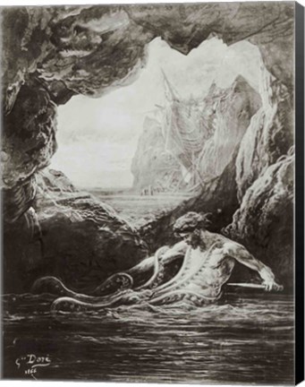 Framed Gilliatt struggles with the giant octopus Print