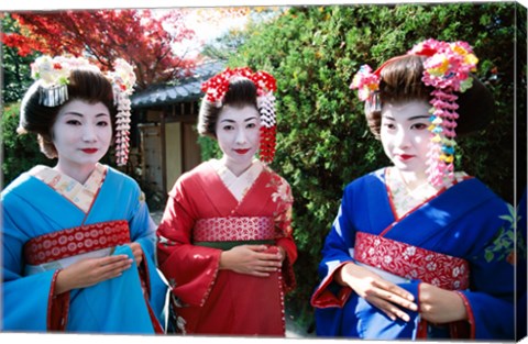 Framed Three geishas, Kyoto, Honshu, Japan Print