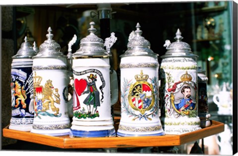 Framed Group of beer steins on a table, Munich, Germany Print