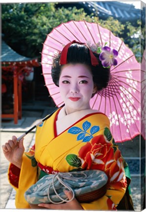 Framed Geisha with Pink Umbrella Print