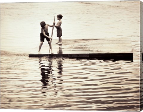 Framed Two boys standing on a wooden platform in a lake Print