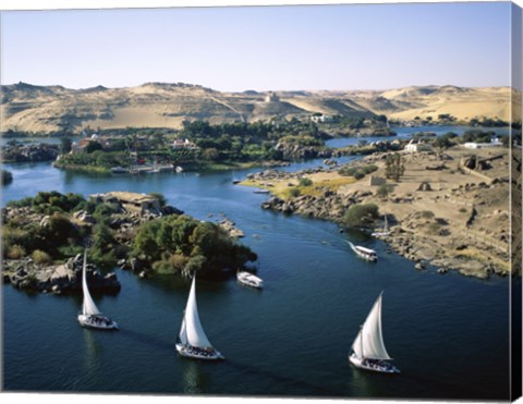 Framed Sailboats In A River, Nile River, Aswan, Egypt Landscape Print