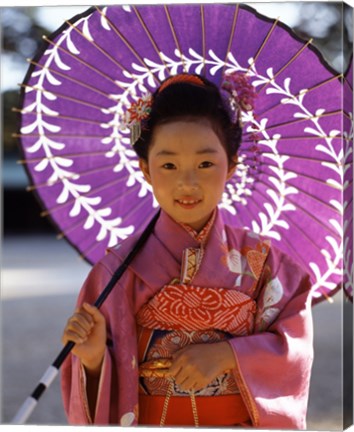 Framed Portrait of a girl holding a parasol, Shichi Go San, Japan Print