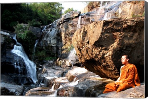 Framed Buddhist Monk In Mae Klang Waterfall Print