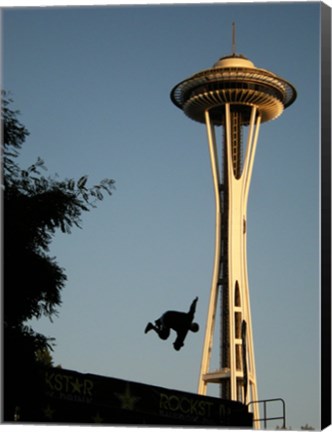 Framed Skateboarder Aloft and Space Needle Print