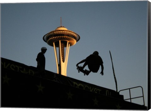 Framed Skateboarder Aloft and Space Needle Print