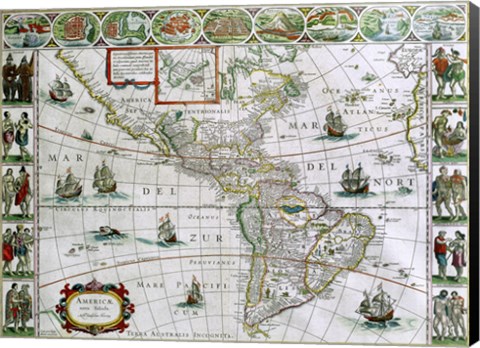Framed Map of North and South America, Joan Bleau, 1630 Print