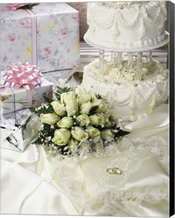 Framed Cake with rings and gifts on a sheet Print