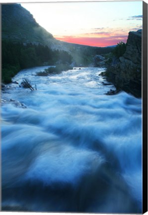 Framed River flowing around rocks at sunrise, Sunrift Gorge, US Glacier National Park, Montana, USA Print