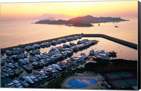 Framed Sunrise over Peng Chau Island with Discovery Bay Marina in foreground, Hong Kong, China Print