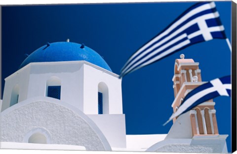 Framed Santorini, Oia , Cyclades Islands, Greece With Flag Print