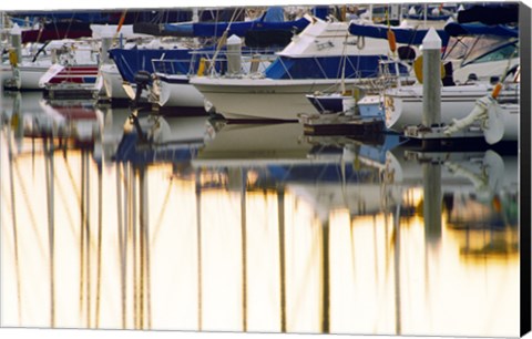 Framed USA, California, Santa Barbara, boats in marina at sunrise Print