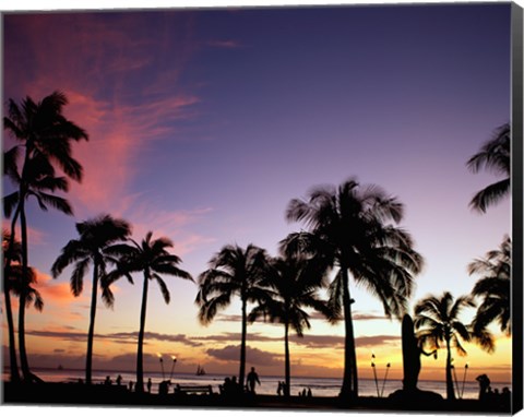 Framed Silhouette of palm trees on the beach, Waikiki Beach, Honolulu, Oahu, Hawaii, USA Print