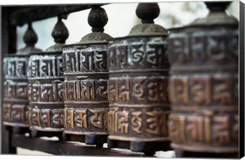 Framed Close-up of prayer wheels, Kathmandu, Nepal Print