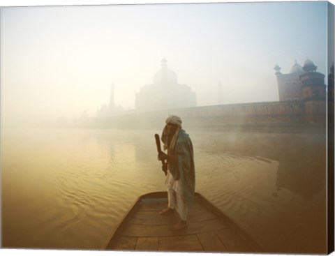 Framed Silhouette of a man standing on a boat in the Yamuna River, Taj Mahal, Agra, Uttar Pradesh, India Print