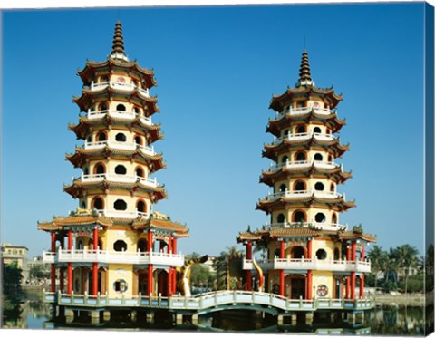 Framed Facade of a pagoda, Dragon and Tiger Pagoda, Lotus Lake, Kaohsiung, Taiwan Print