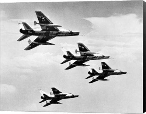 Framed Low angle view of four fighter planes flying in formation, F-100 Super Sabre Print