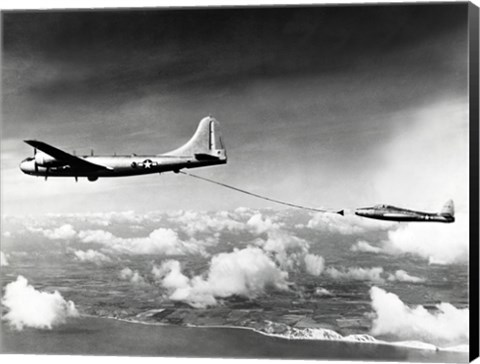 Framed Side profile of a military tanker airplane refueling in flight, B-29 Superfortress, F-84 Thunderjet Print