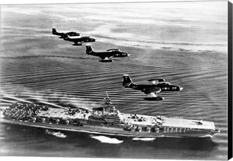 Framed High angle view of four fighter planes flying over an aircraft carrier, US Navy Banshees, USS Coral Sea (CV-43) Print