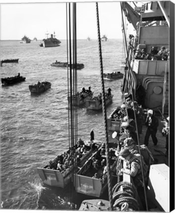 Framed High angle view of army soldiers in a military ship, Normandy, France, D-Day, June 6, 1944 Print