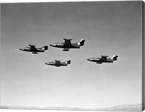 Framed Low angle view of four fighter planes flying in formation, F9F Panther Print