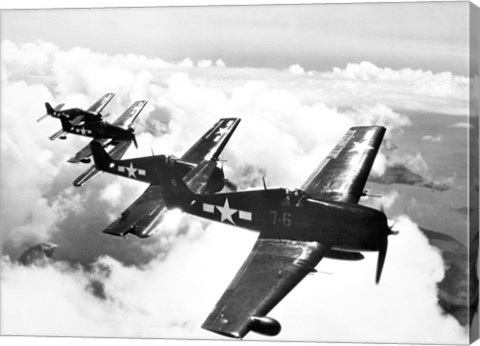 Framed High angle view of four fighter planes flying in formation, F6F Hellcat Print