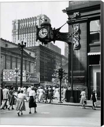 Framed Clock mounted on the wall of a building, Marshall Field Clock, Marshall Field and Company, Chicago, Illinois, USA Print