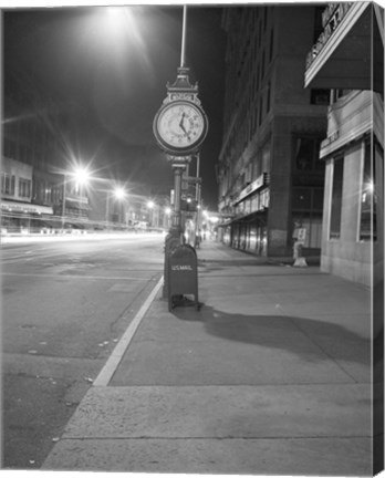 Framed Night view with street clock and mailbox Print