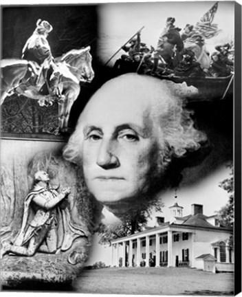 Framed George Washington&#39;s face superimposed over a montage of pictures depicting American history, USA Print