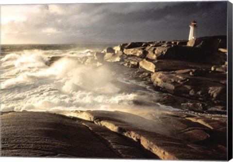 Framed Waves crashing against rocks, Peggy&#39;s Cove Lighthouse, Peggy&#39;s Cove, Nova Scotia, Canada Print