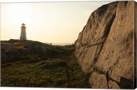 Framed Lighthouse on the beach at dusk, Peggy&#39;s Cove Lighthouse, Peggy&#39;s Cove, Nova Scotia, Canada Print