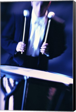 Framed Young Man Playing The Drums Black And White Print