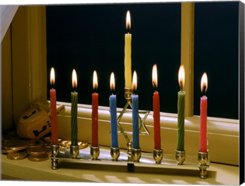 Framed Close-up of a menorah with burning candles and a Star of David Print