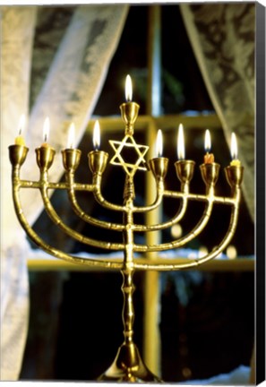 Framed Close-up Of Lit Candles On A Menorah And Window Print