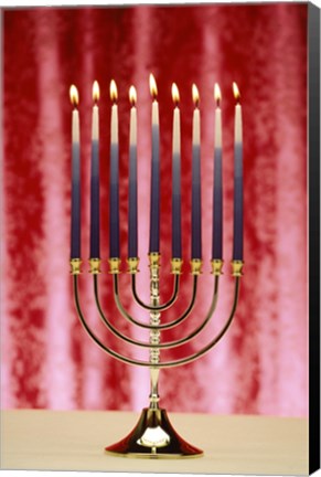 Framed Close-up Of Lit Candles On A Menorah On Red Print