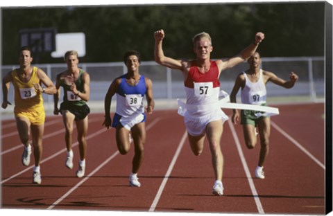 Framed Male athletes running on a running track Print