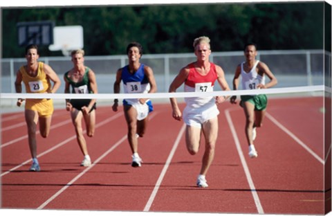 Framed Male athletes running on a running track Print